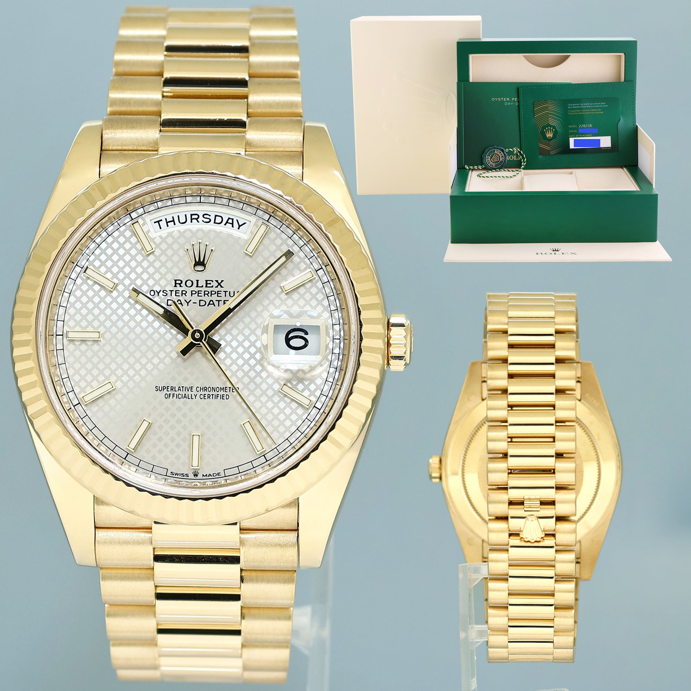 2021 PAPERS Rolex Day-Date 40 President 228238 Silver Motif Yellow Gold Watch Box