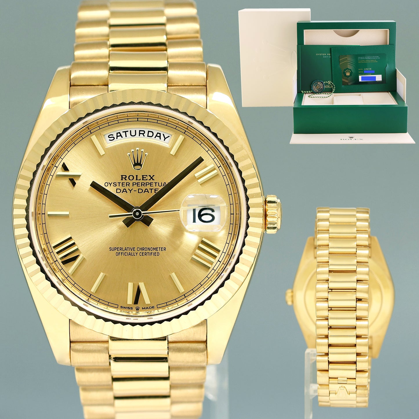 2021 PAPERS Rolex Day-Date 40 President 228238 Champagne Roman Yellow Gold Watch