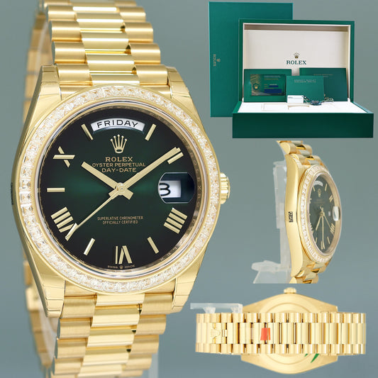 2025 NEW PAPERS Rolex Day Date 40 Yellow Gold Green Ombre Baguette 228398RBR Watch