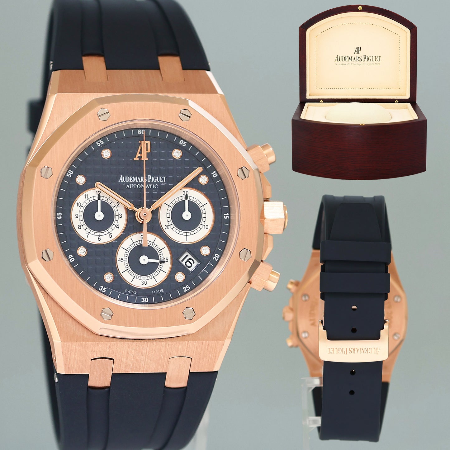 Audemars 39mm Piguet Rose Gold Blue Limited 100 "QE II CUP" Diamond 26277OR Watch