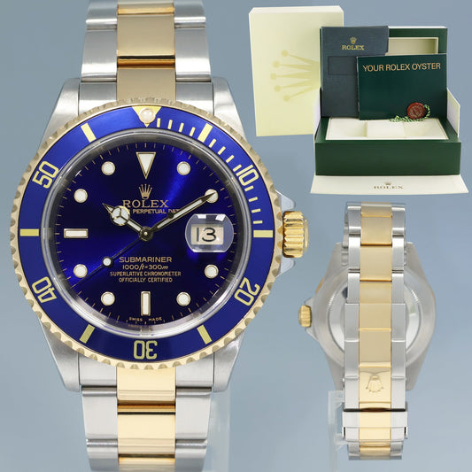 MINT 1998 Rolex Submariner 16613 Gold Steel Two Tone Gold Buckle Sunburst Blue Watch