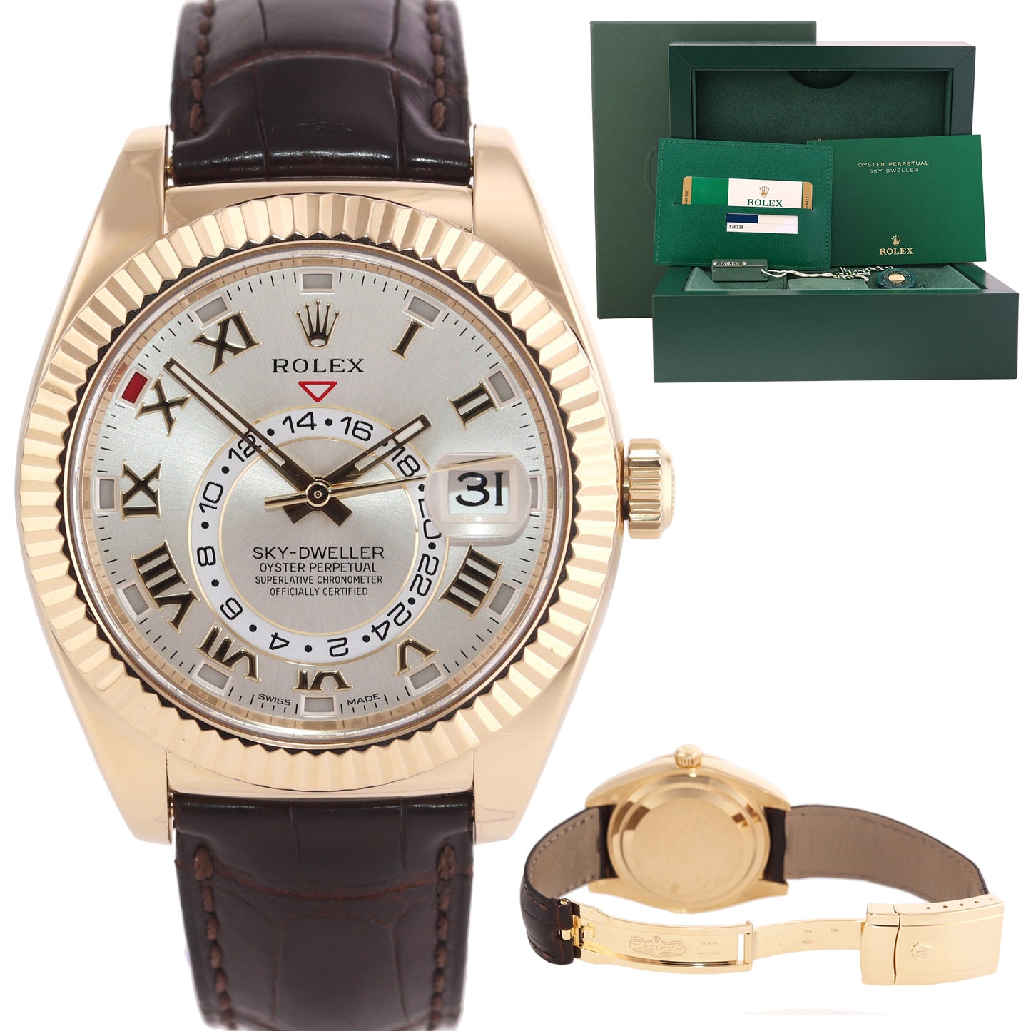 PAPERS MINT 2016 Rolex Sky-Dweller 18k Yellow Gold 326138 42mm Silver Roman Leather Watch\