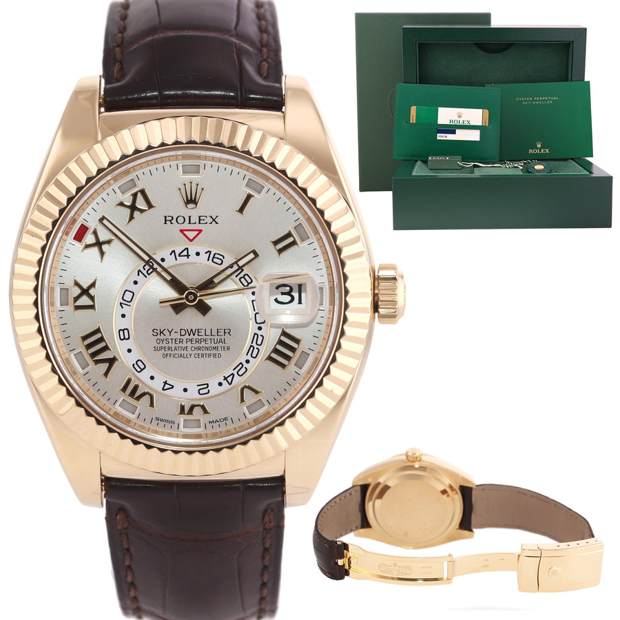 PAPERS MINT 2016 Rolex Sky-Dweller 18k Yellow Gold 326138 42mm Silver Roman Leather Watch\