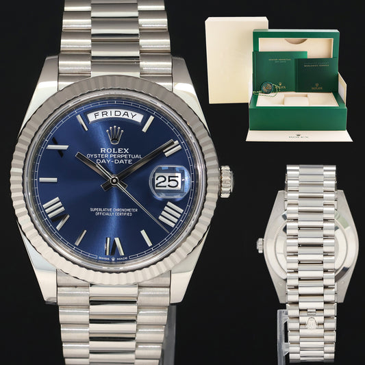 2022 PAPERS Rolex 40 White Gold President Day Date Blue Roman 228239 Watch Box