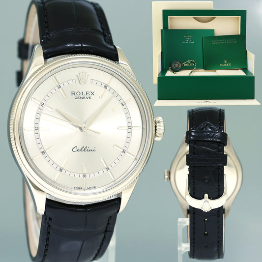 MINT Rolex Cellini Silver Dial White Gold 39mm Leather 50509 Watch Box