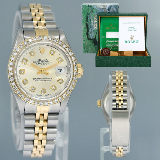 PAPERS Diamond Ladies Rolex DateJust 26mm 69173 Two Tone 18k Gold Steel Silver Watch