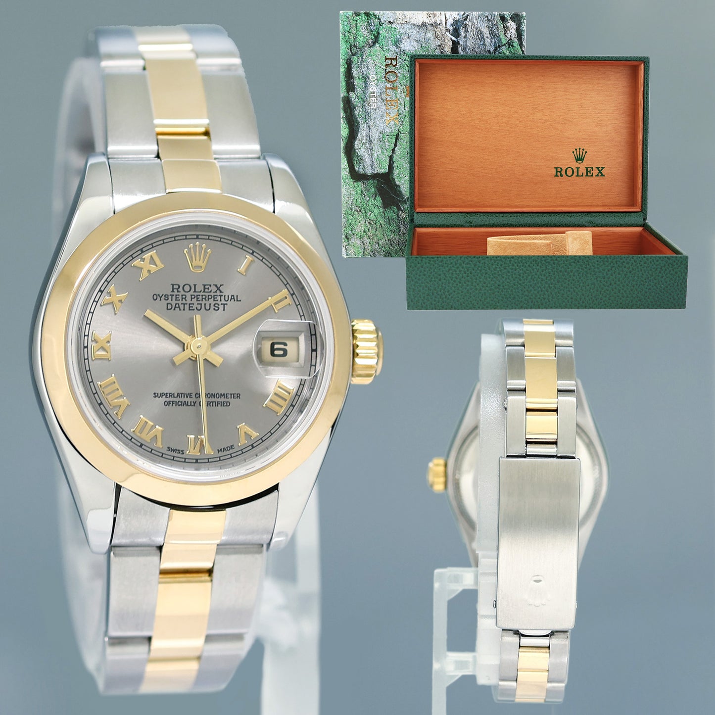 MINT Ladies Rolex DateJust 79163 Silver Roman Two-Tone Oyster Watch Box
