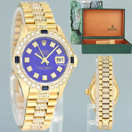 Full Diamond Ladies Rolex DateJust 79178 President 26mm 18K Yellow Gold Blue Dial Watch Box