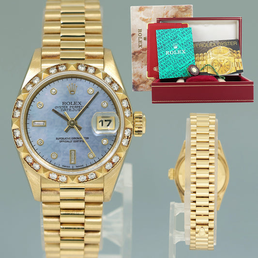MINT Rolex 69258 Yellow Gold 26mm Blue MOP Diamond Pyramid President Watch Box