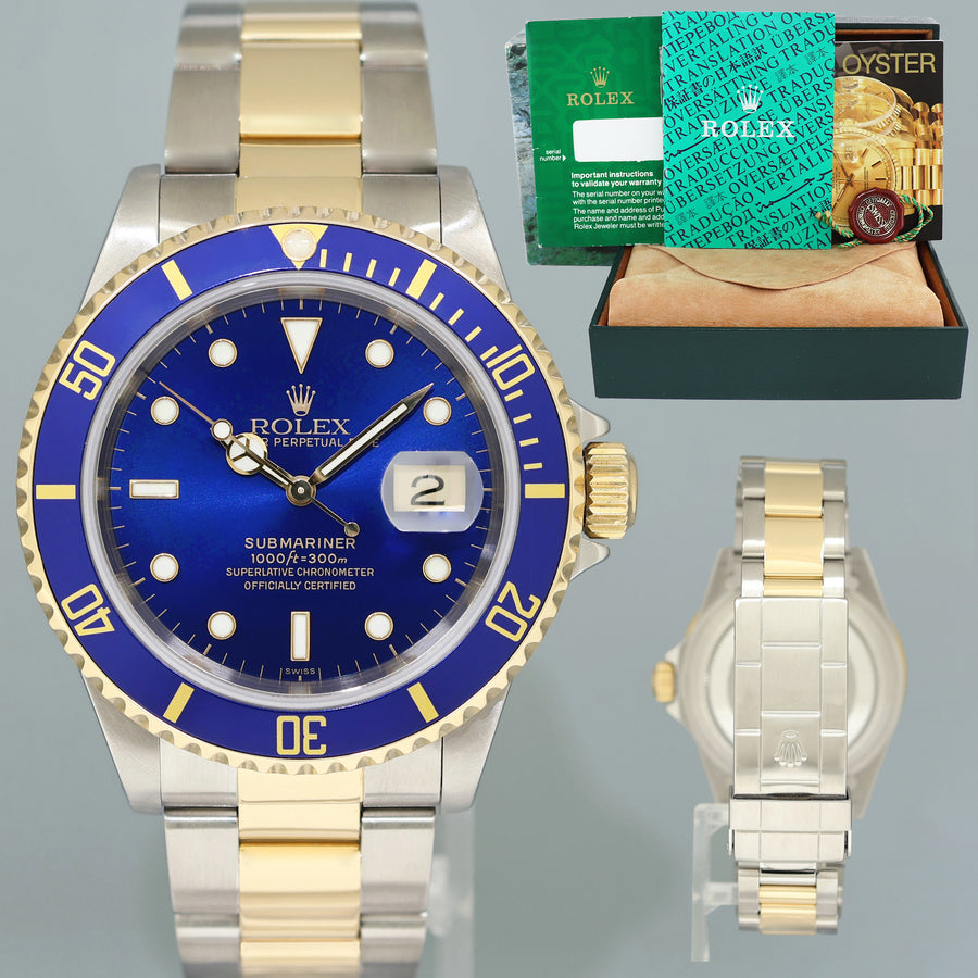 MINT 1999 Rolex Submariner 16613LB Yellow Gold Steel Two Tone Sunburst Blue Watch