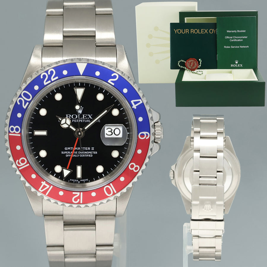 MINT 2000 Rolex GMT-Master II 2 Pepsi Blue Red Steel 16710 Watch Black Watch Box