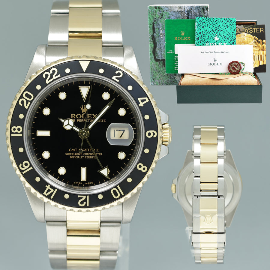 MINT 2000 Rolex GMT-Master 16713 Black Two-Tone Yellow Gold and Steel Oyster Watch