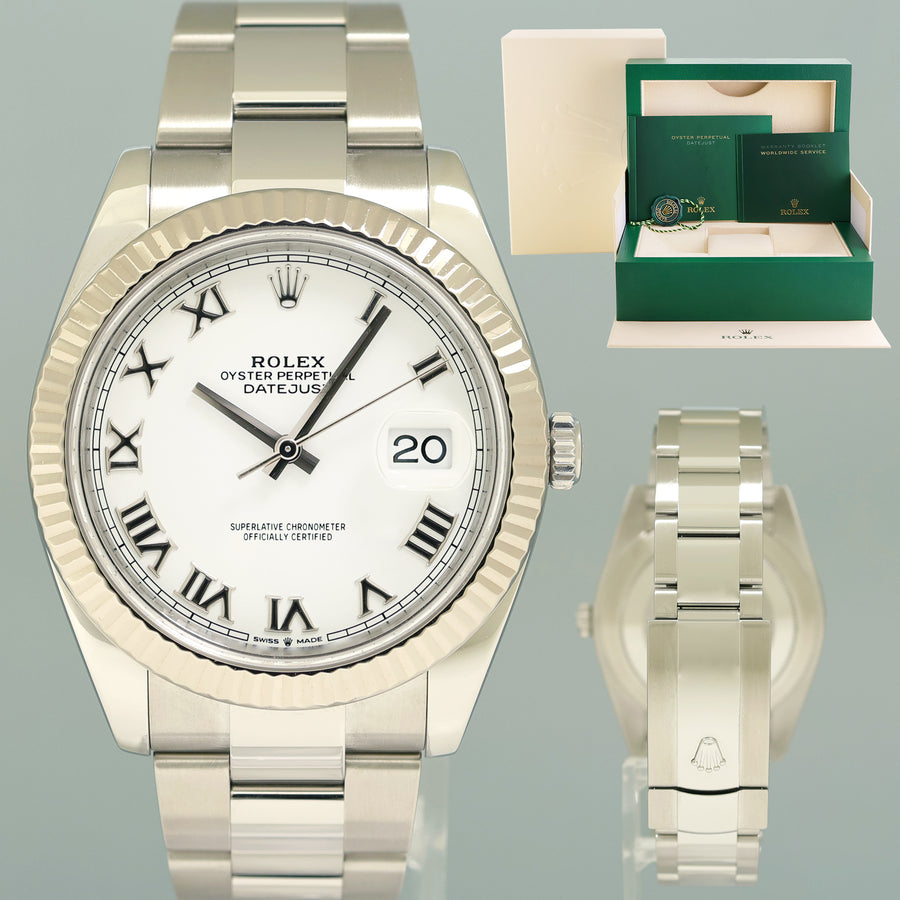 PAPERS MINT Rolex DateJust 126334 White Roman Oyster White Gold Fluted 41mm Watch