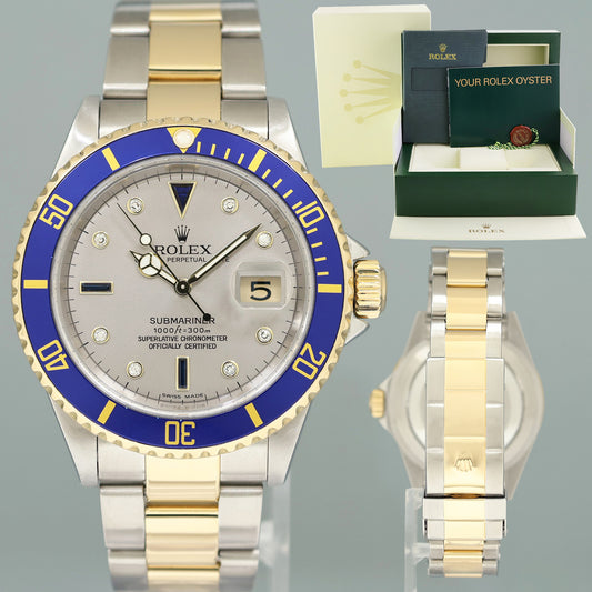 MINT Rolex Submariner 16613LB Two Tone Gold Silver Serti Diamond Watch