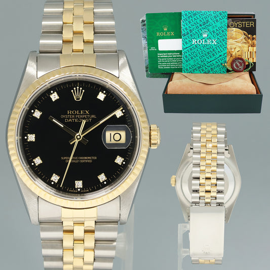 Rolex DateJust 16233 Two Tone Yellow Gold Jubilee Black Diamond Watch Box
