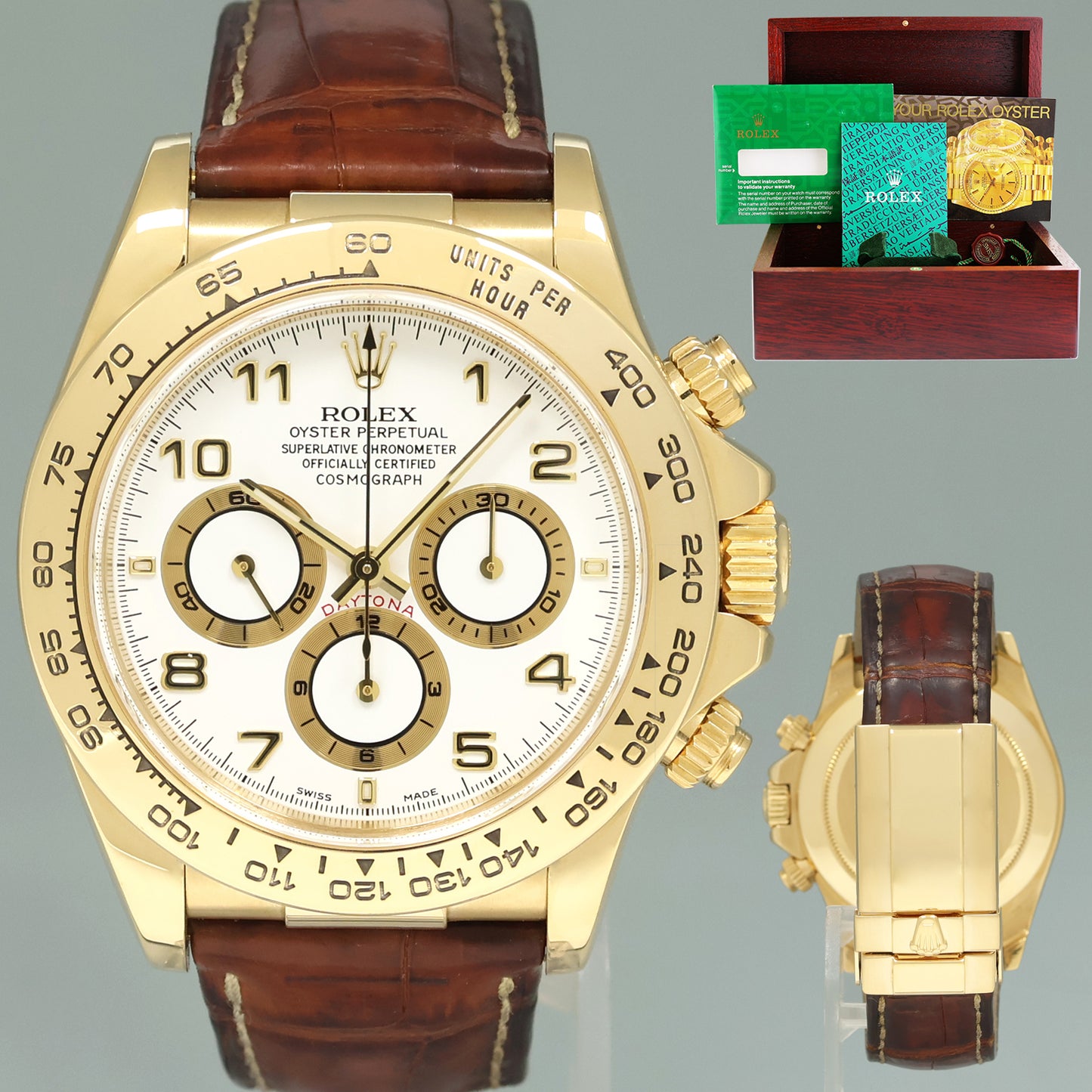 1999 MINT Rolex Daytona Zenith 16518 White Chronograph Leather Yellow Gold Watch Box
