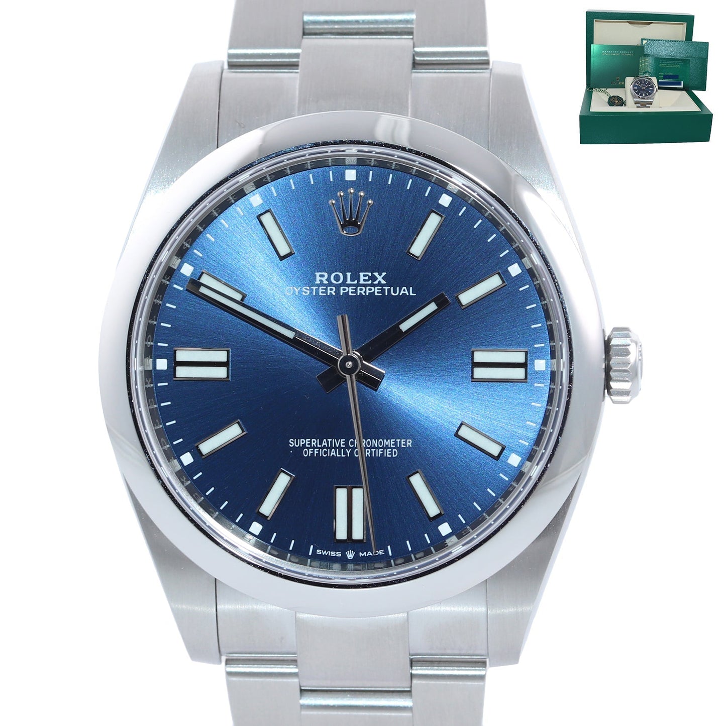 2022 NEW PAPERS Rolex Oyster Perpetual 41mm Blue Stick Oyster Watch 124300 Box