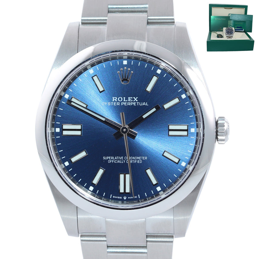 2022 NEW PAPERS Rolex Oyster Perpetual 41mm Blue Stick Oyster Watch 124300 Box