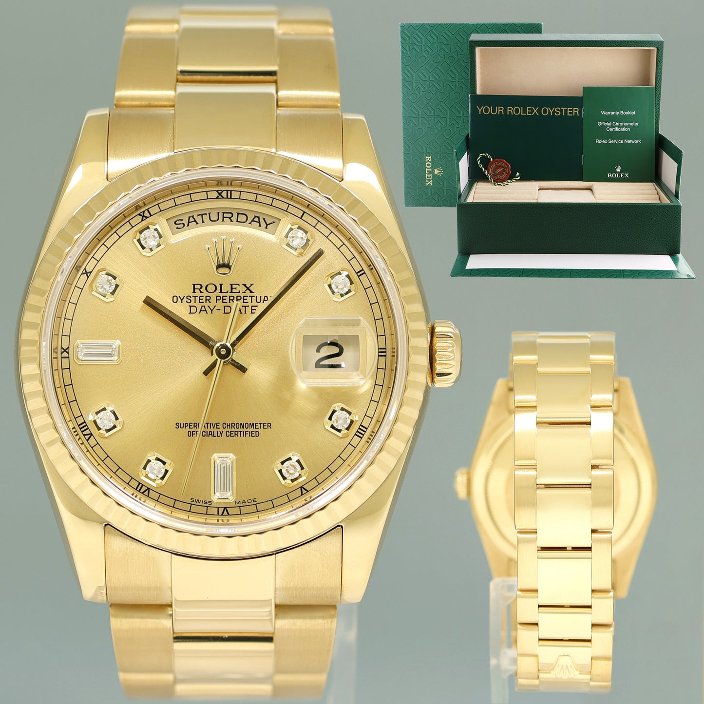 MINT Rolex President 118208 Yellow Gold Champagne Diamond Day Date Watch Box