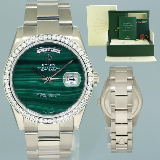 MINT Rolex President Day Date 36mm Green Malachite Diamond 118239 White Gold Watch