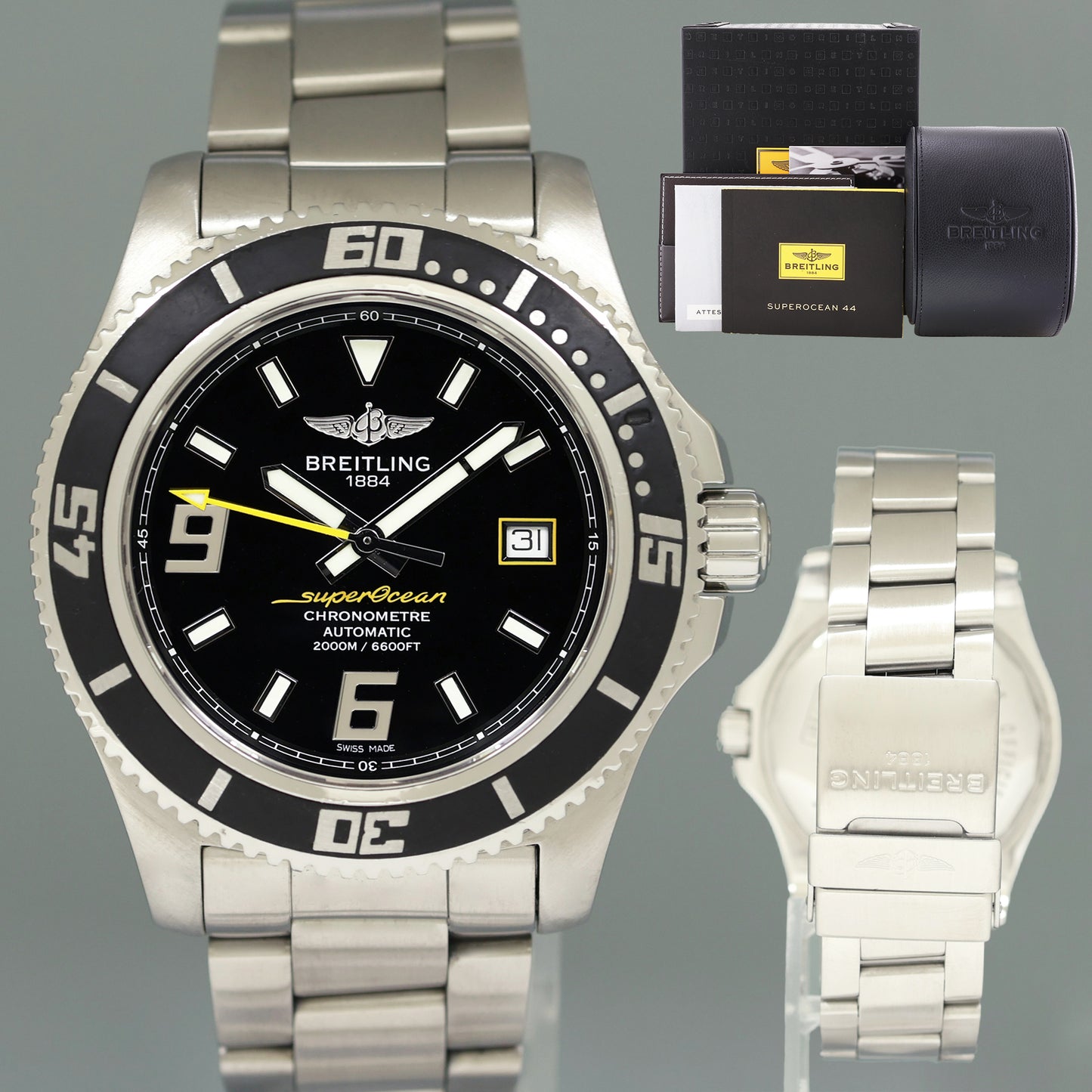 PAPERS MINT Breitling Super Ocean 44mm Automatic Steel Black Dial Watch Box