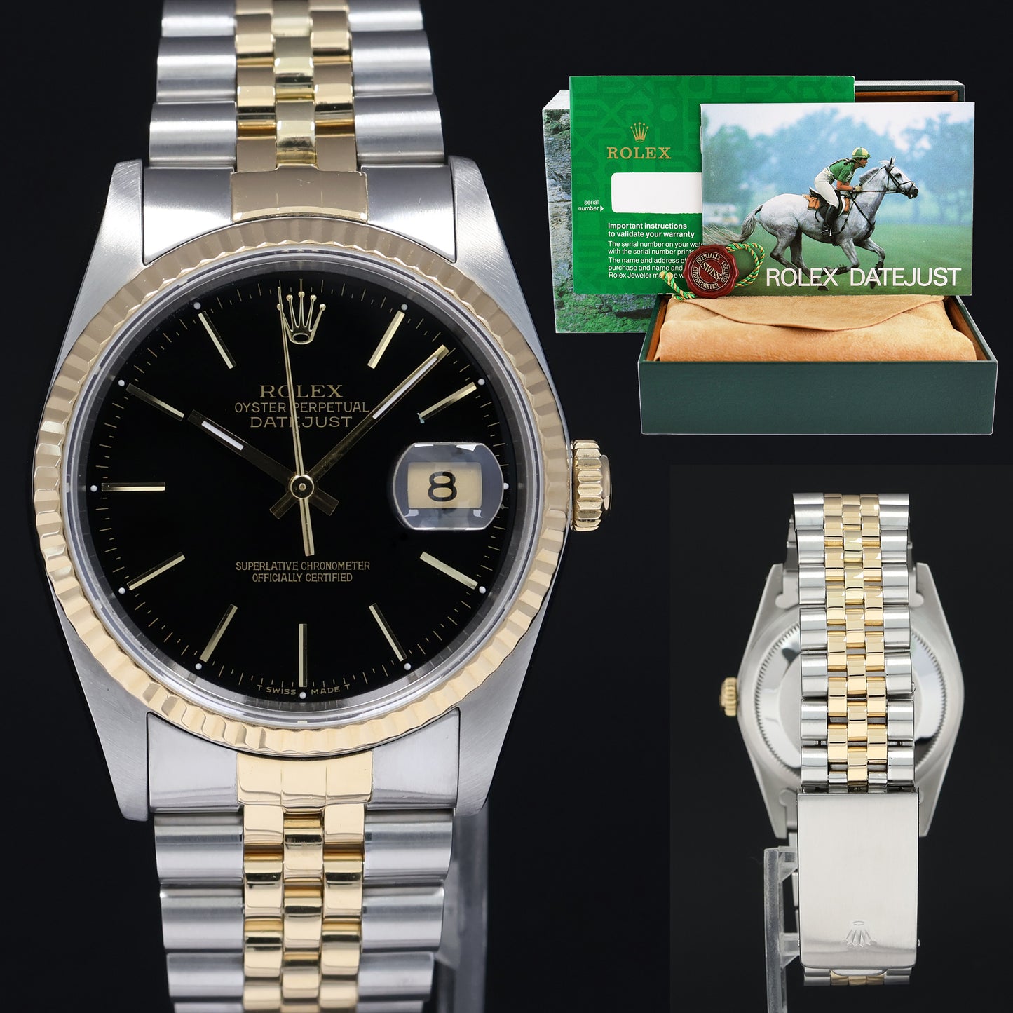 MINT Rolex DateJust 16233 Two Tone Yellow Gold Jubilee Black Stick Watch Box