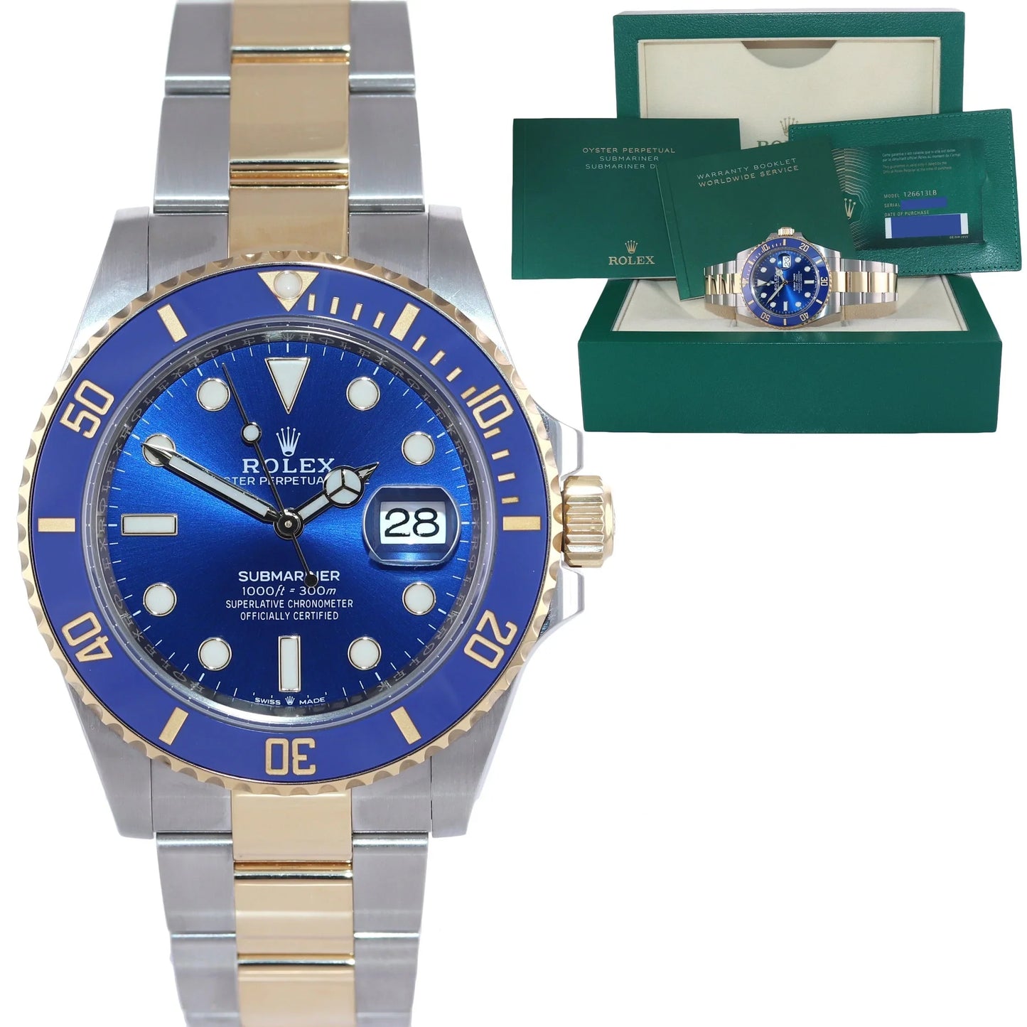 2020 NEW PAPERS Rolex Submariner 41mm Blue 126613LB Two Tone Gold Steel Watch