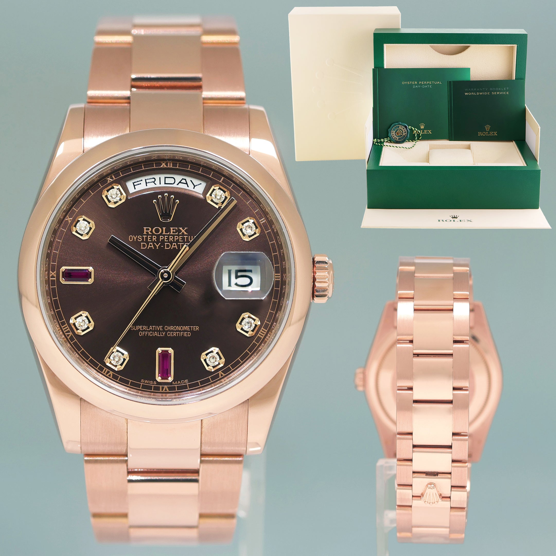 2015 MINT Rolex President Day Date Rose Gold 118205 Chocolate Ruby Diamond Watch