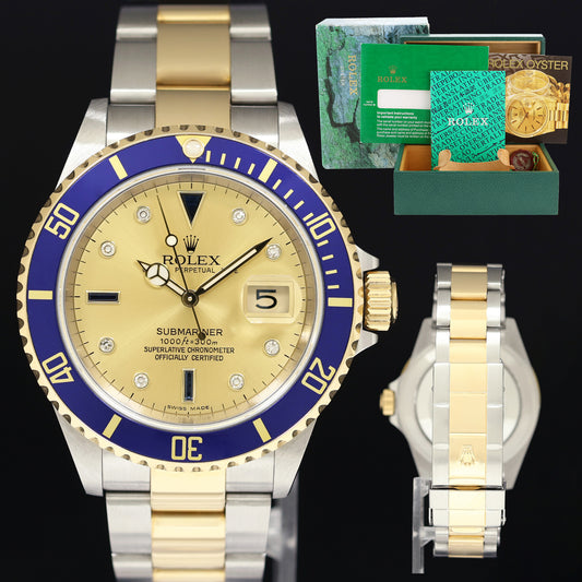 2005 MINT GOLD BUCKLE Rolex Submariner 16613 Two Tone Gold Serti Diamond Watch