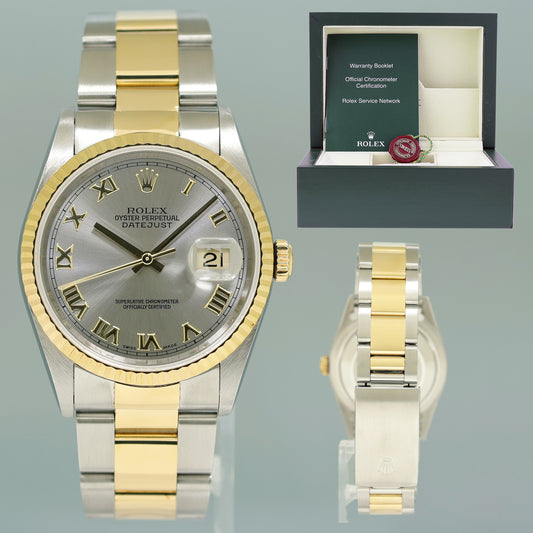 MINT Rolex DateJust 16233 Two-Tone Yellow Gold Rhodium Roman 36mm Watch Box