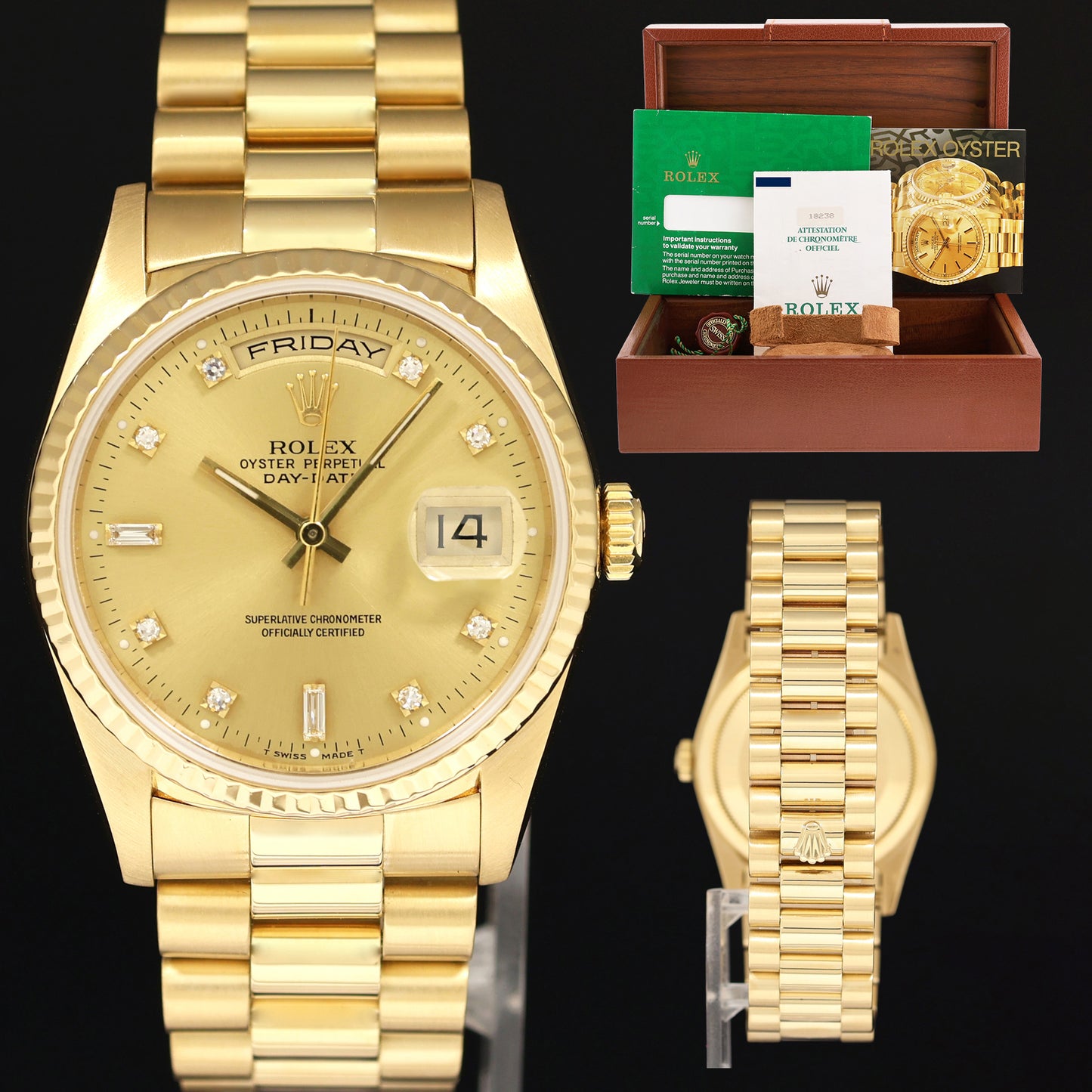 PAPERS MINT Rolex President 18238 Champagne Factory Diamond Double Quick Gold Watch Box