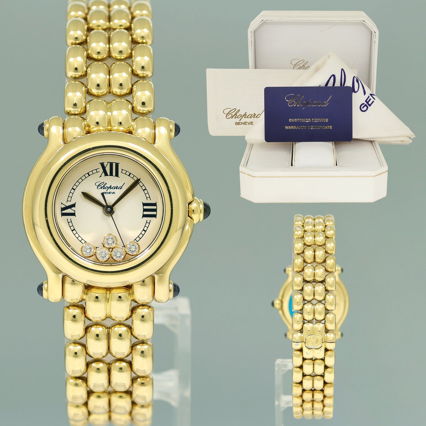 Ladies Chopard 276150 Happy Sport 18k Yellow Gold Diamond Roman Quartz 26mm Watch