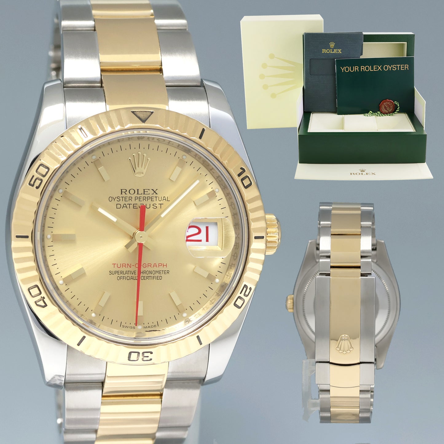 MINT Rolex DateJust 116263 Turn-O-Graph Thunderbird Champagne Two Tone Gold Watch