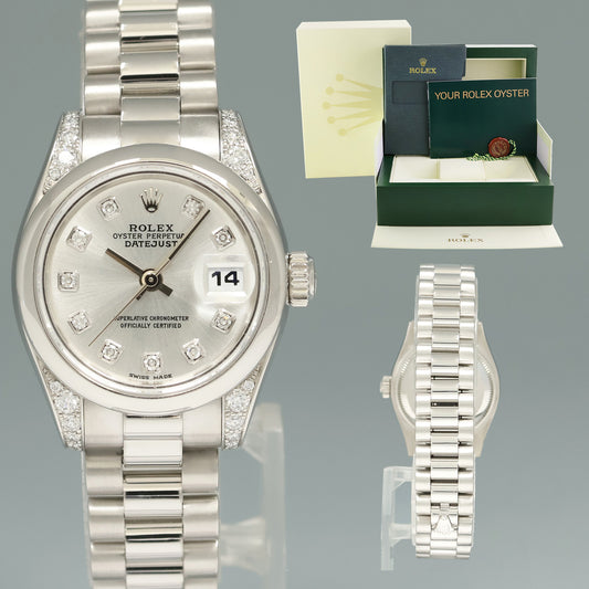 MINT Ladies Rolex DateJust 26 Platinum Diamond Lugs and Dial 179296 Watch Box