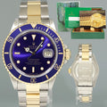 Rolex Submariner Date 16803 Two-Tone Yellow Gold Steel Blue Purple Dial 40mm Watch Box