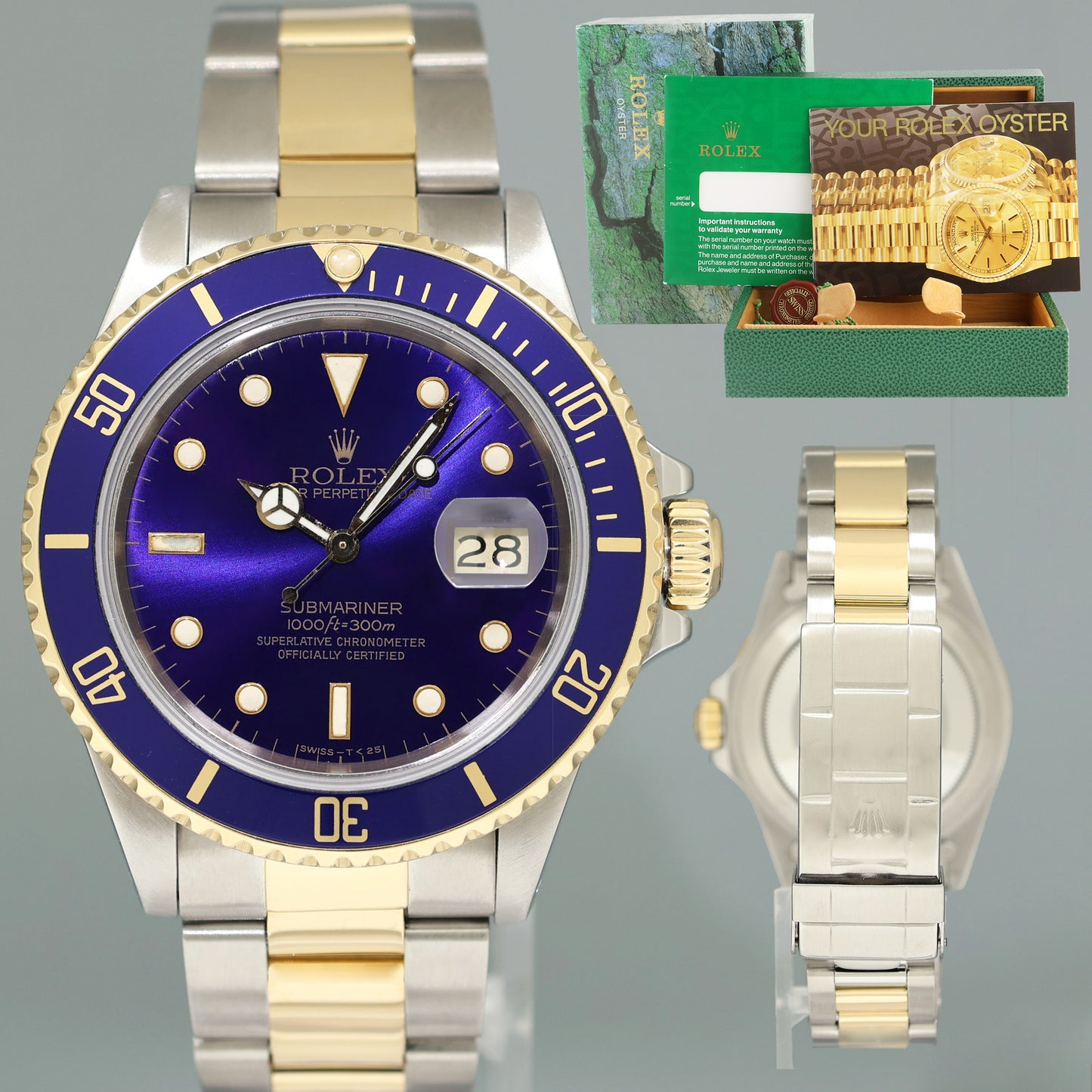 Rolex Submariner Date 16803 Two-Tone Yellow Gold Steel Blue Purple Dial 40mm Watch Box