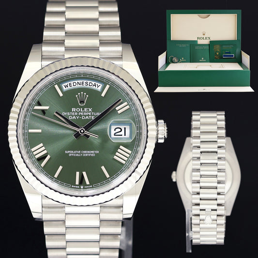 AUG 2024 NEW PAPERS Rolex Platinum Fluted President Olive Green Roman 228236 Watch