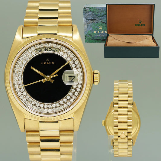 Rolex 36mm President Day Date Black Onyx Diamond 18038 Quick Set Gold 36mm Watch