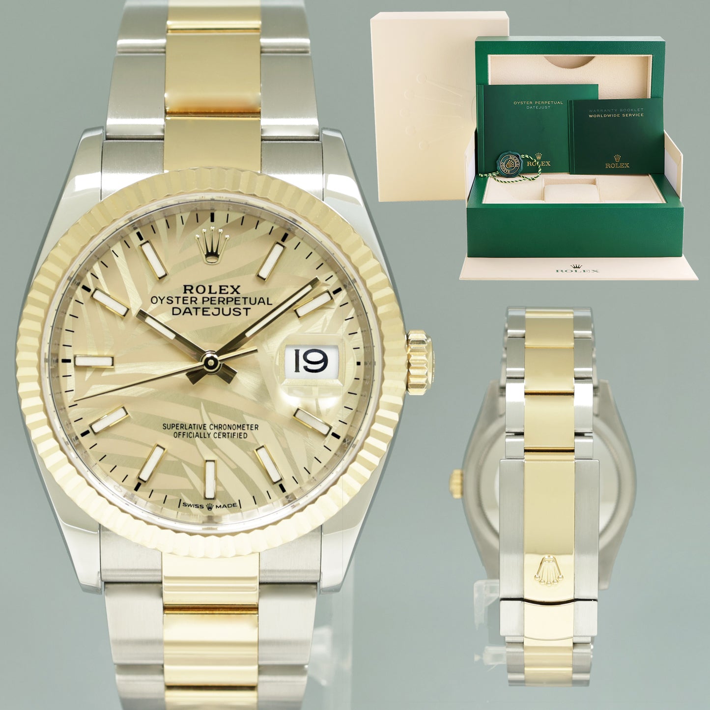 2023 Rolex DateJust 36mm Champagne Palm Motif Two Tone Gold Oyster 126233 Watch