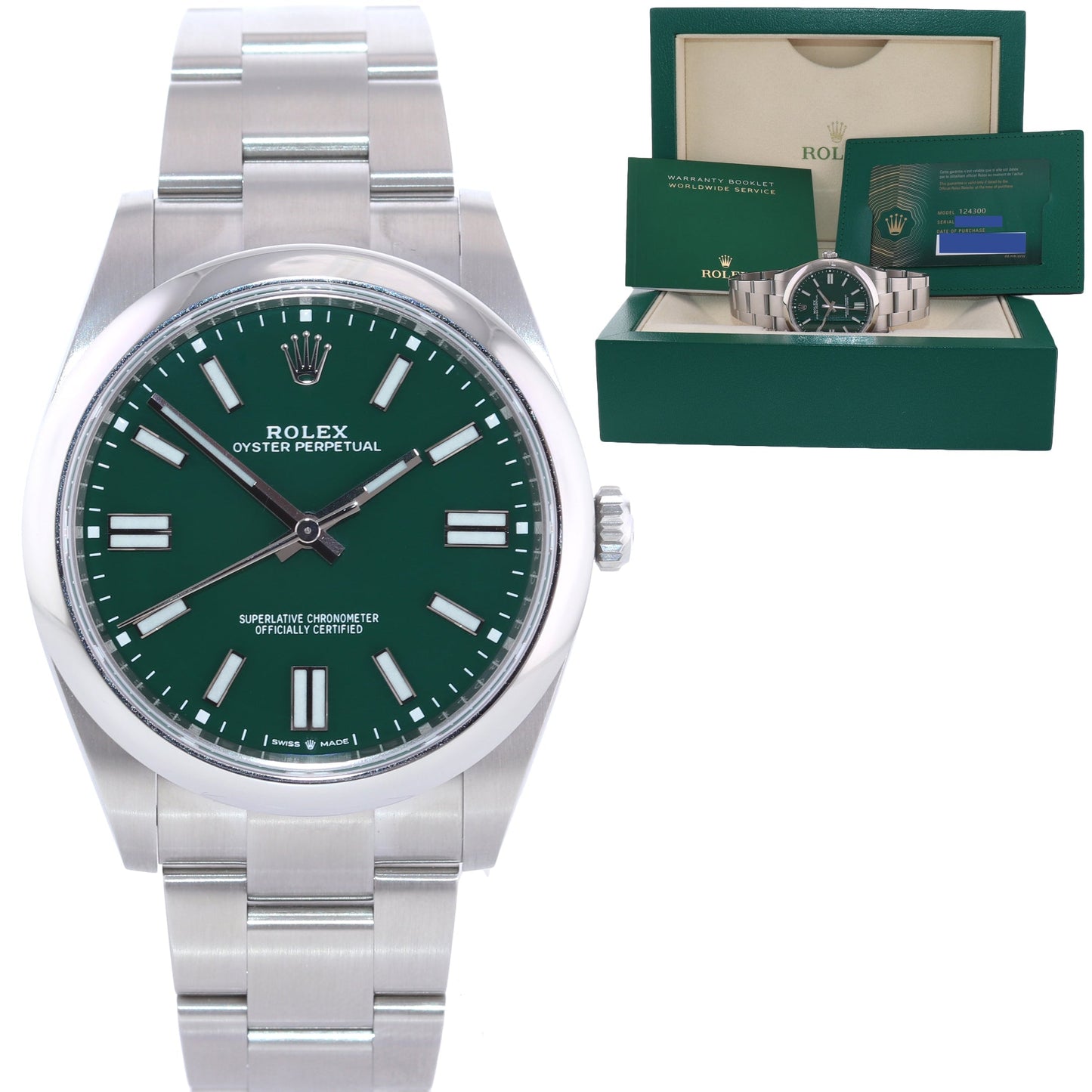 2022 NEW PAPERS Rolex 124300 Oyster Perpetual 41mm Green Dial Watch Box