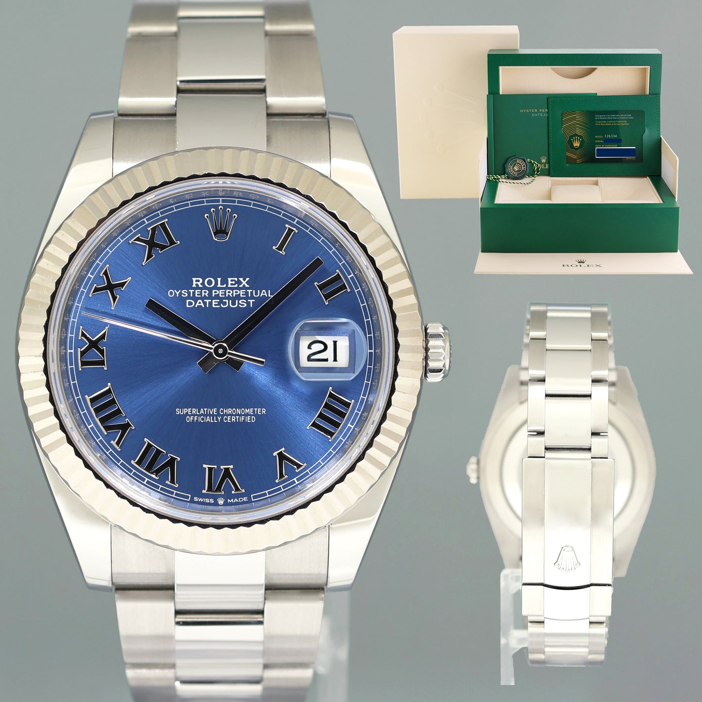 2023 NEW PAPERS Rolex DateJust 41 Blue Roman Oyster Fluted 126334 Watch Box