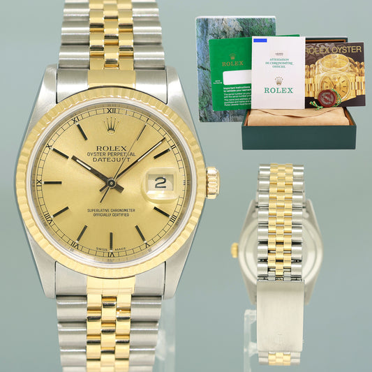 MINT Rolex DateJust 16233 Champagne Stick Jubilee Yellow Gold Two Tone 36mm Watch
