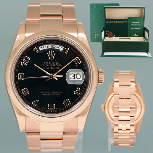 MINT Rolex President Day Date Rose Gold 118205 Black Arabic 36mm Watch Box