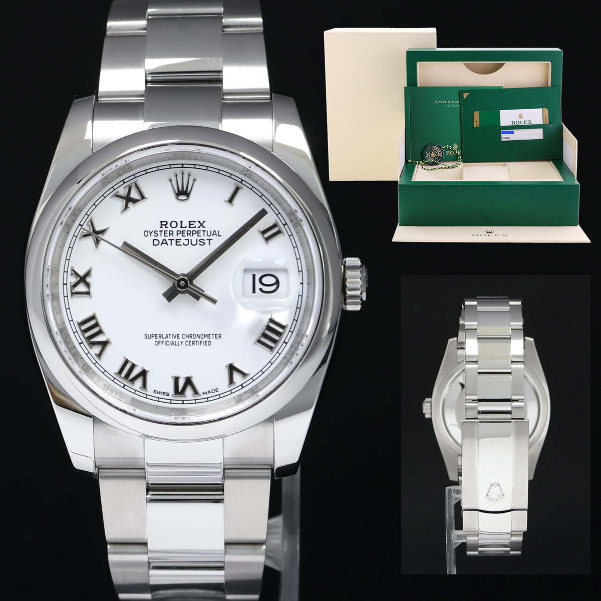 MINT 2014 PAPERS Rolex 116200 DateJust Steel 36mm White Roman Roman Watch Box