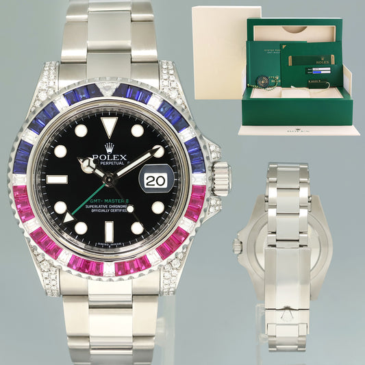 PAPERS MINT Diamond Ruby & Sapphire Rolex GMT Master II 116710 Steel 40mm Black Watch