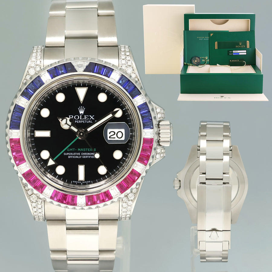 PAPERS MINT Diamond Ruby & Sapphire Rolex GMT Master II 116710 Steel 40mm Black Watch
