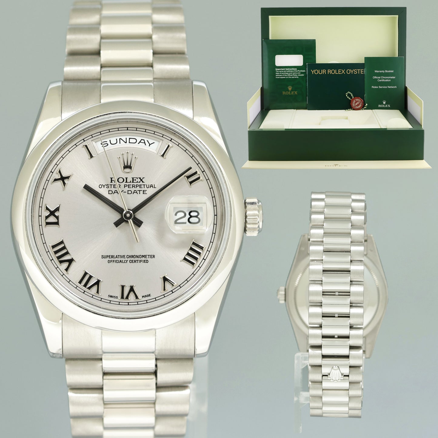 MINT Rolex Platinum 36mm President 118206 Rhodium Roman Dial Watch Box