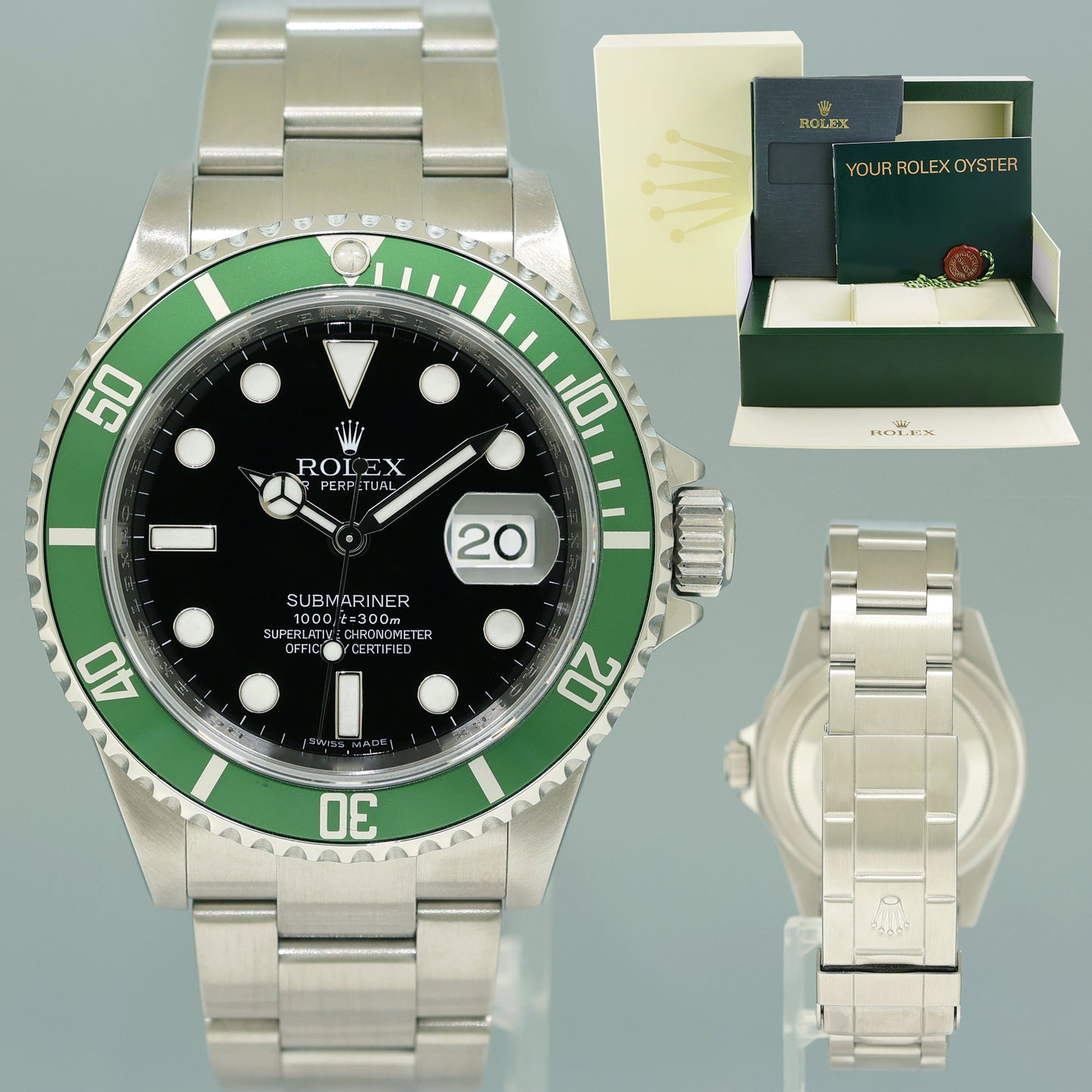 MINT 2009 Rolex Kermit Green Anniversary 40mm Submariner 16610LV Watch Box
