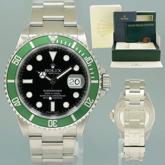 MINT 2009 Rolex Kermit Green Anniversary 40mm Submariner 16610LV Watch Box