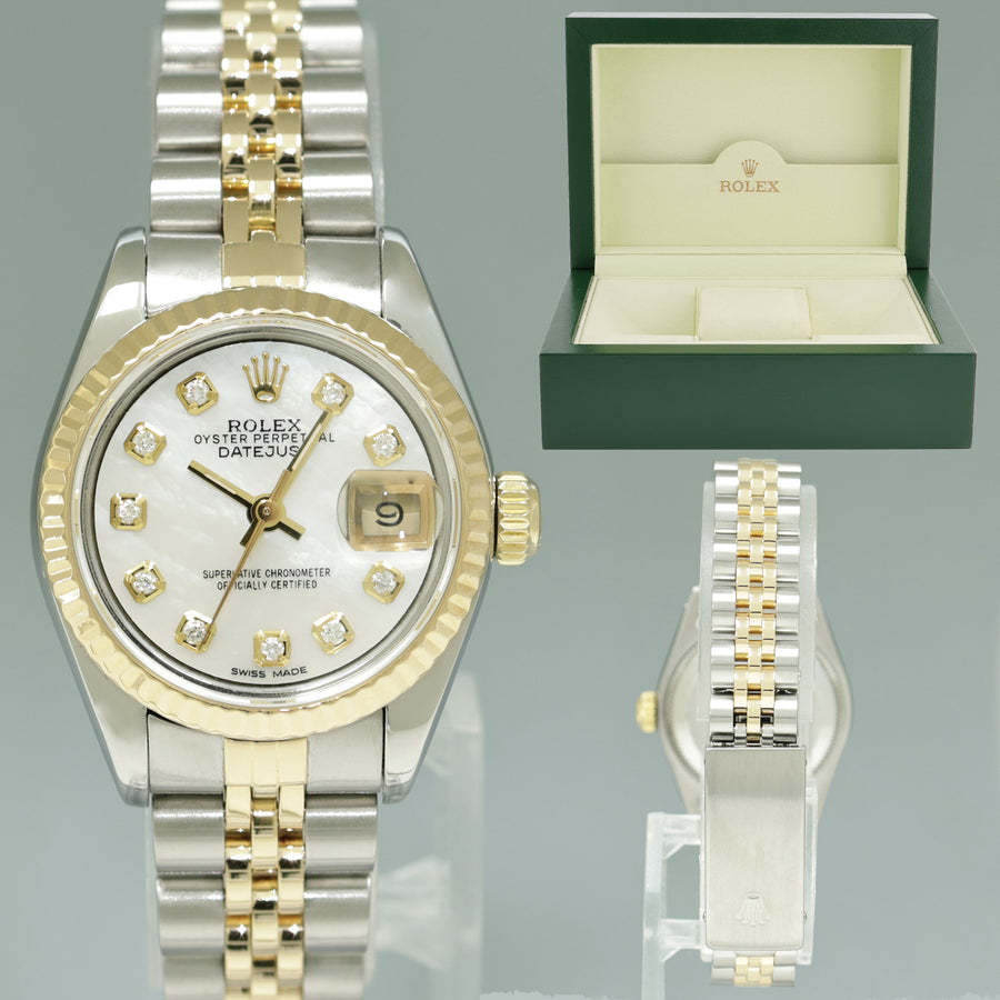 Pearl Diamond Ladies Rolex 26mm DateJust 79173 Two Tone Gold Jubilee Watch Box